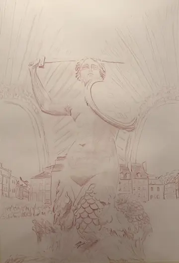 An early drawing of the Warsaw Syrenka composition