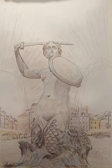 A watercolor iteration of the Warsaw Syrenka with hussar wings