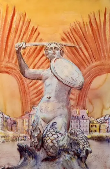 A finished watercolor of Warsaw's mermaid protector
