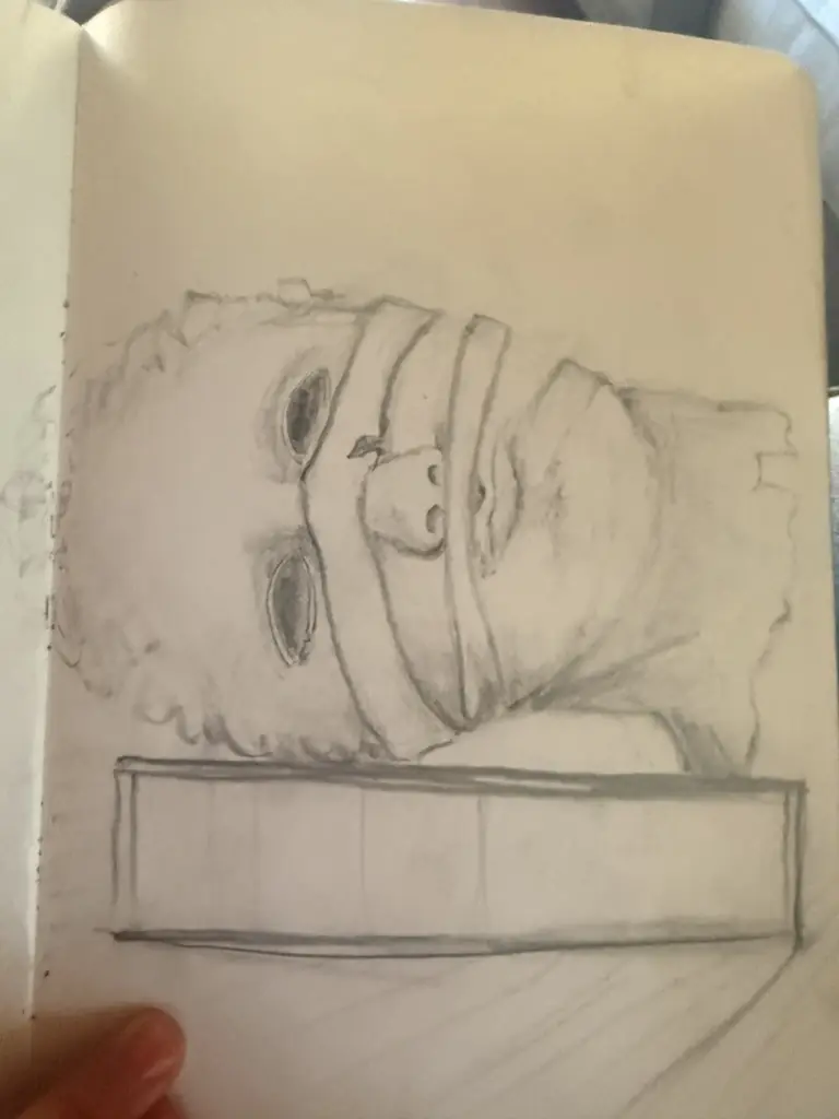 A sketch of the monumental head in Kraków