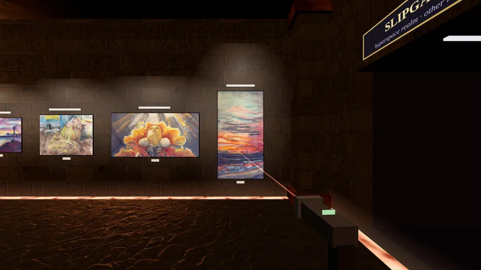 The Buy Scanner in hand, aimed at a wall of paintings