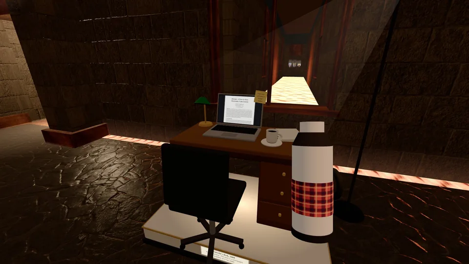 Easter egg: Satoshi's desk with a laptop and a newspaper