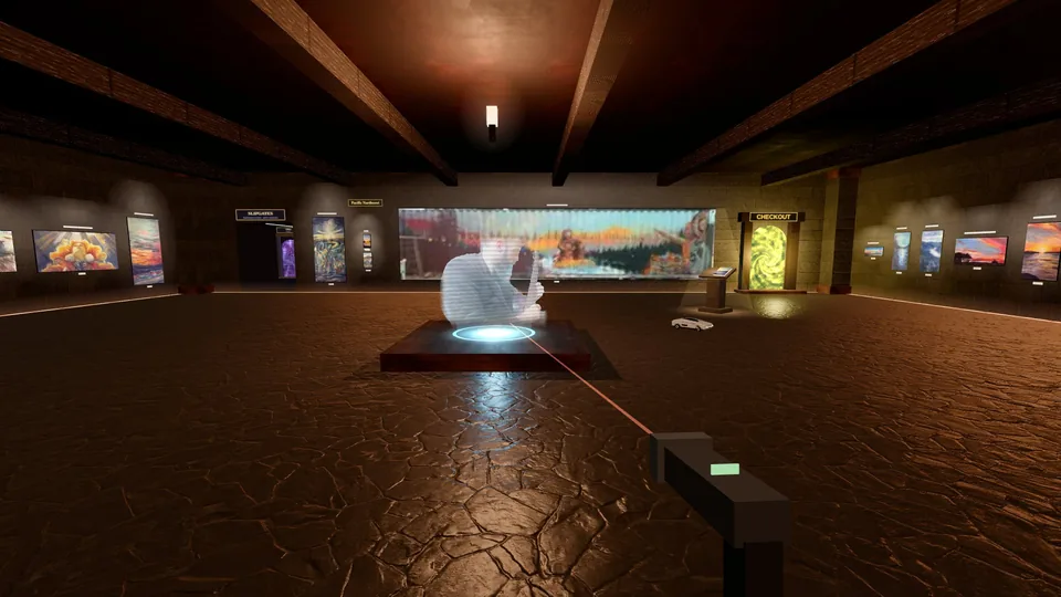 The entrance of the TJM Gallery dungeon hall, with a hologram of me and the checkout gate