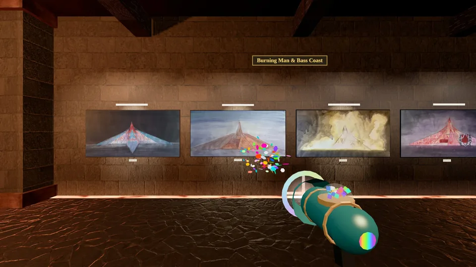 The glitter cannon spraying confetti in the Burning Man and Bass Coast room