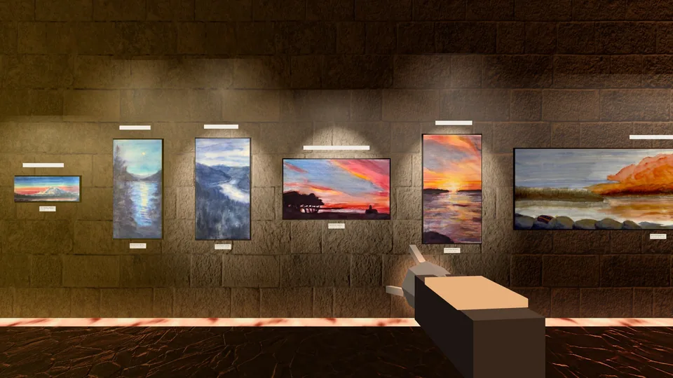 The gravity gun in front of a wall of sunset paintings
