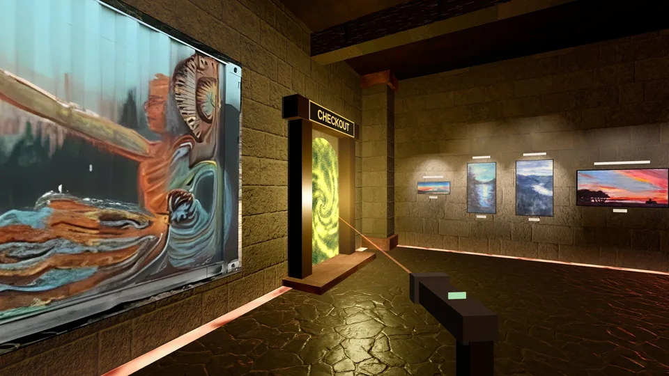 A torch-lit stone hall lined with my paintings