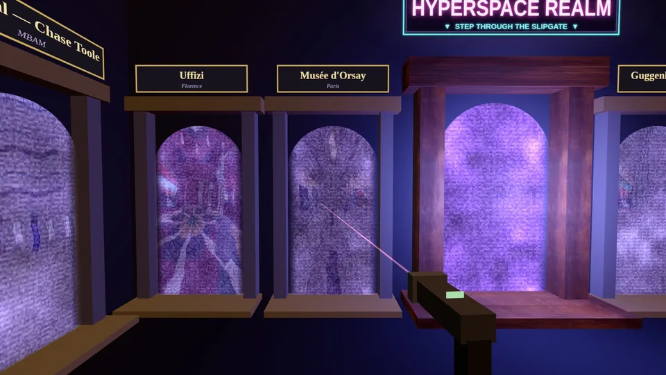 The gate room, with glowing gates to Orsay, Bilbao, Uffizi, Guggenheim NY and the Hyperspace Realm