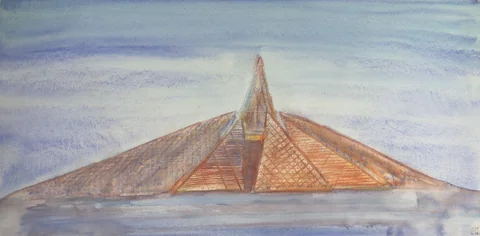 A triangular wooden structure emerging from pale mist