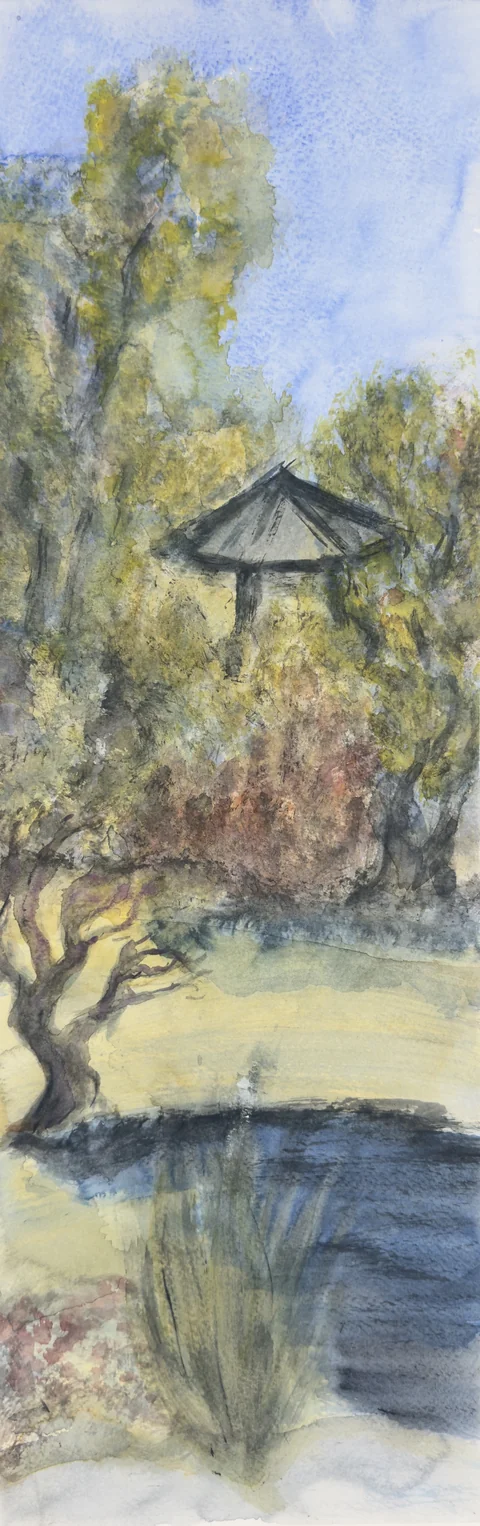 A narrow garden scene with trees, a pavilion, and a pond