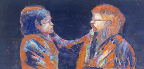 Two people facing one another in vivid orange and blue tones