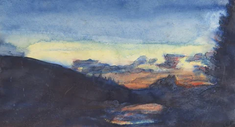 A blue and gold dawn landscape with still water