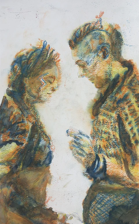 Two people leaning toward one another in blue and ochre tones
