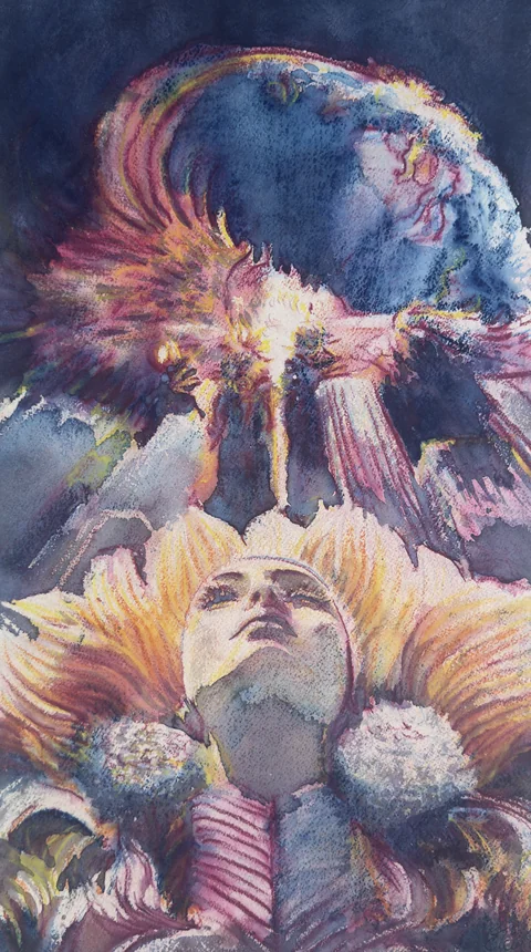 A figure in an elaborate feathered headdress beneath a glowing bird