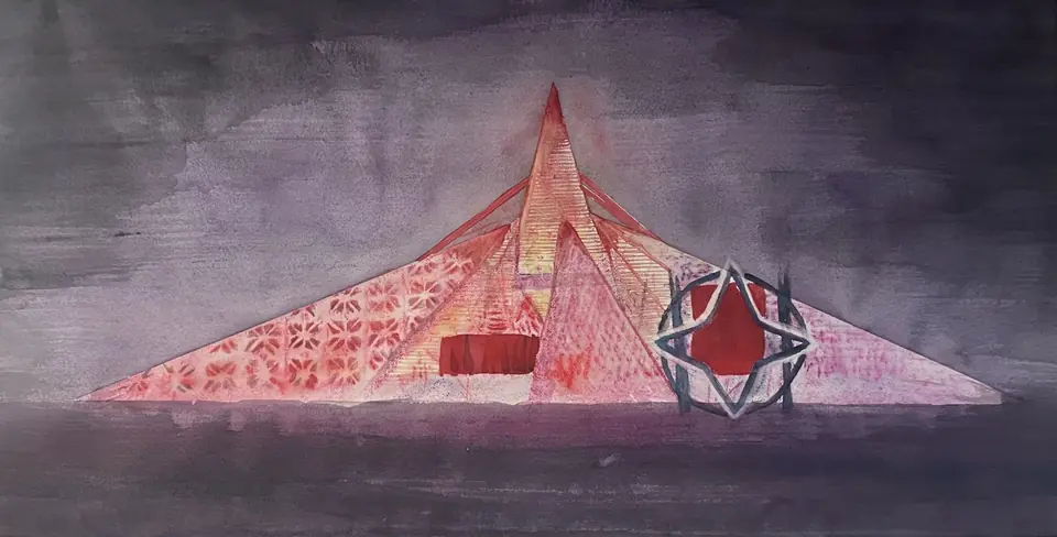 Burning Man Temple 2022: Pink — Watercolor pastel, 2022, by TJ Murphy