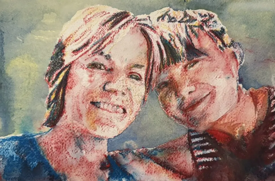 Aunt Fran and Cousin Hillary — Watercolor pastel, 2025, by TJ Murphy