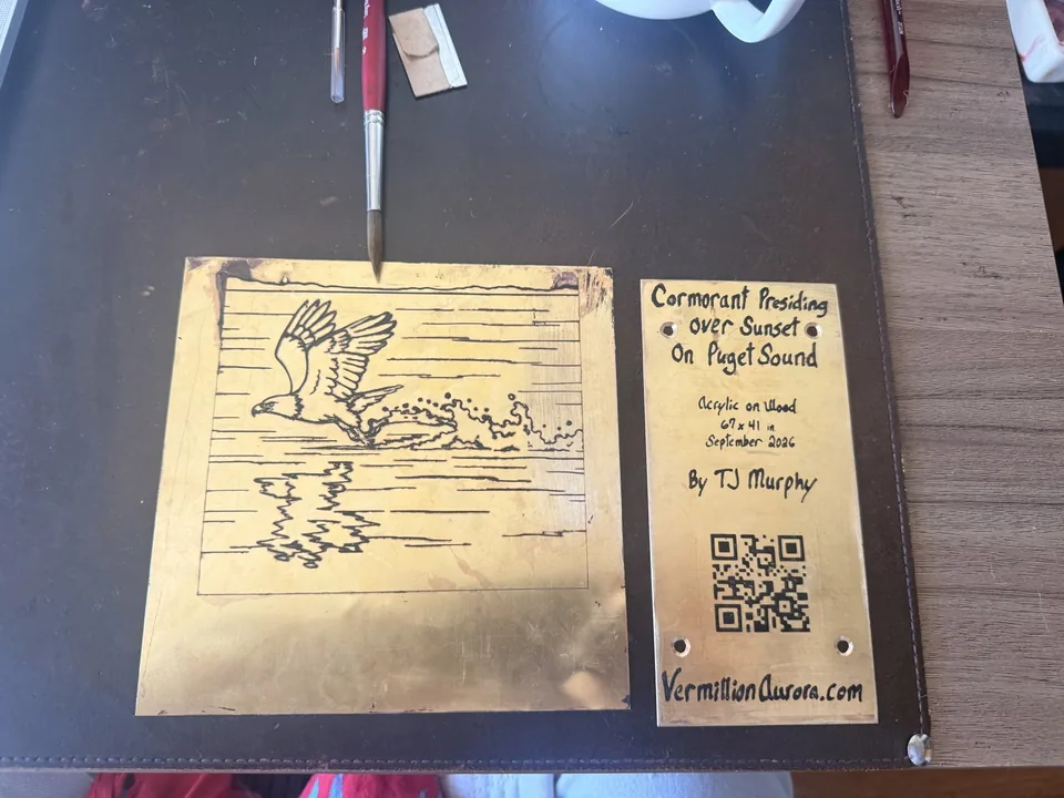 Two earlier brass plates: an eagle over water and a QR code plate