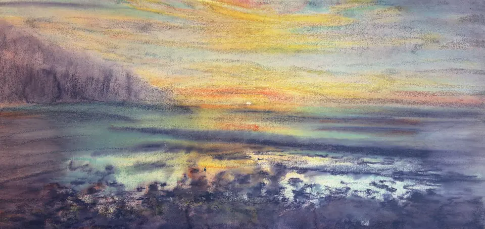 El Zonte at Dawn: watercolor pastel of the shoreline at sunrise, round stones in the foreground, pale surf, a dark headland on the left, and a pink and gold sky