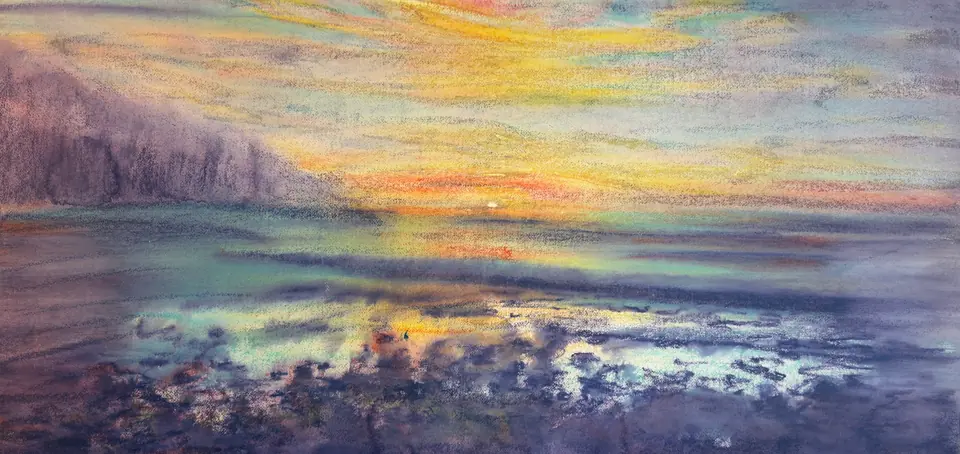 El Zonte at Dawn — Watercolor pastel, 2023, by TJ Murphy
