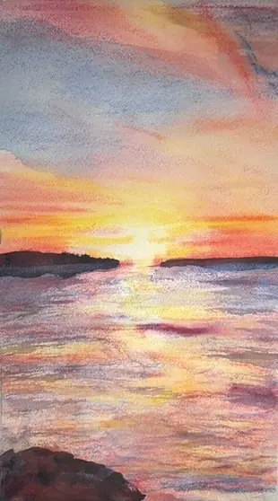 Sunset in the Strait of Juan de Fuca, Patos Island 1 — Watercolor pastel, 2024, by TJ Murphy