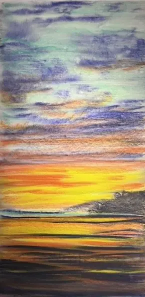 Sunset in El Zonte, El Salvador — Watercolor pastel, 2023, by TJ Murphy