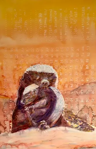Watercolor of a honey badger holding its cub, with the Genesis block rendered in pale lettering on an orange background.