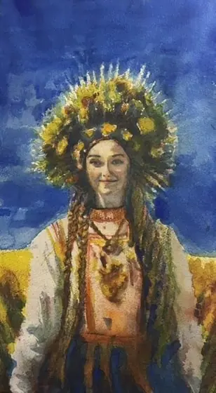 Girl Wearing Flower Crown — Watercolor pastel, 2023, by TJ Murphy