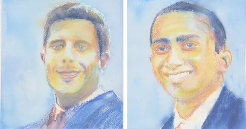 2 paintings by TJ Murphy shown together: TJ Saifedean Ammous 355, TJ Stephan Livera 356