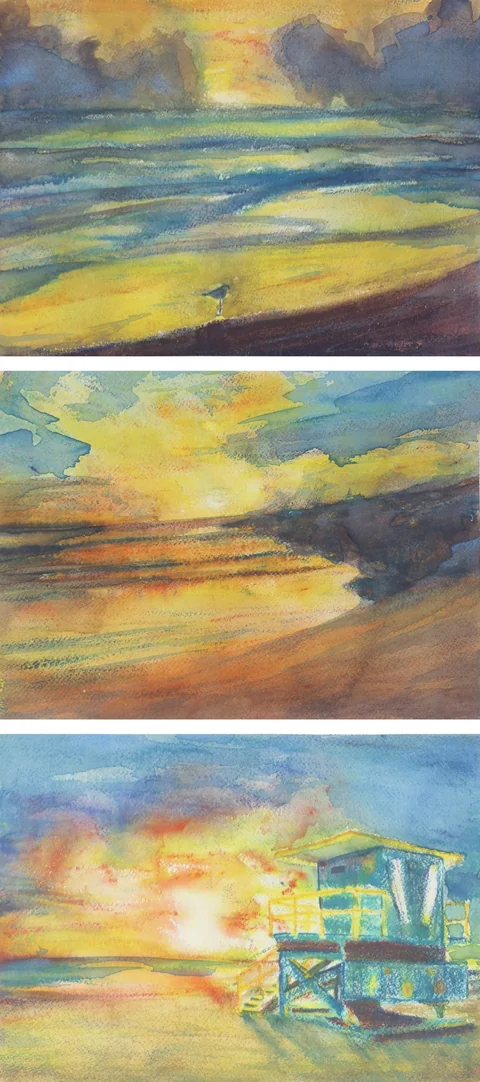 3 paintings by TJ Murphy shown together: TJ Beach Sunset 310, TJ Beach Sunset 311, TJ Beach Sunset 309