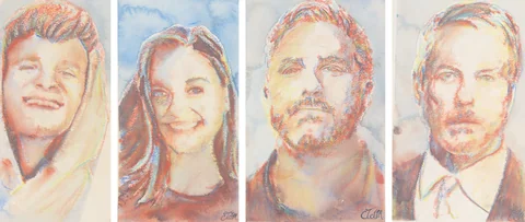 4 paintings by TJ Murphy shown together: TJ Jack Mallers, TJ Natalie Brunell, TJ Peter McCormack, TJ Michael Saylor