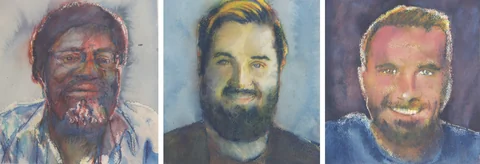 3 paintings by TJ Murphy shown together: TJ Akin Fernandez 351, TJ Nico Moran 345, TJ Preston Pysh 344