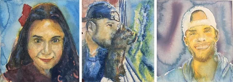 3 paintings by TJ Murphy shown together: TJ Figen 341, TJ PNut Window 338, TJ Joey Swoll 340