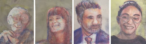 4 paintings by TJ Murphy shown together: TJ F.A. Hayek 336, TJ Elizabeth Stark 335, TJ Rodrigo Gomez 334, TJ Noor El Bawab 333