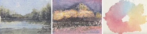 3 paintings by TJ Murphy shown together: TJ Mountain Lake 145, TJ Golden Hillside 141, TJ Color Wheel Study 184