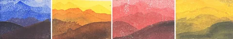 4 paintings by TJ Murphy shown together: TJ Blue Mountain Layers 185, TJ Orange Mountain Layers 186, TJ Red Mountain Layers 156, TJ Golden Mountain Layers 153