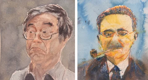 2 paintings by TJ Murphy shown together: TJ Dorian Nakamoto, TJ Hayek 339