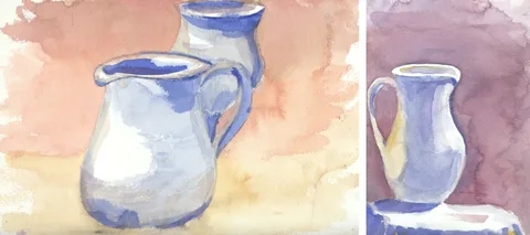 2 paintings by TJ Murphy shown together: TJ Two Pitchers 188, TJ Blue Pitcher 187