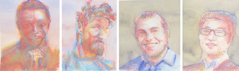 4 paintings by TJ Murphy shown together: TJ Bernard Parah 329, TJ José 328, TJ Andreas Antonopoulos 327, TJ Portrait with Glasses 319