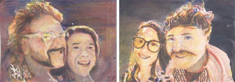 2 paintings by TJ Murphy shown together: TJ Devo and Sarah Sandwich (L), TJ Devo and Sarah Sandwich (R)
