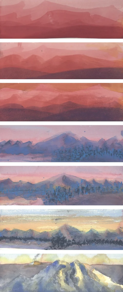 7 paintings by TJ Murphy shown together: TJ Ridge Strip Study A, TJ Ridge Strip Study B, TJ Ridge Strip Study C, TJ Ridge Strip Study D, TJ Ridge Strip Study E, TJ Ridge Strip Study F, TJ Ridge Strip Study G