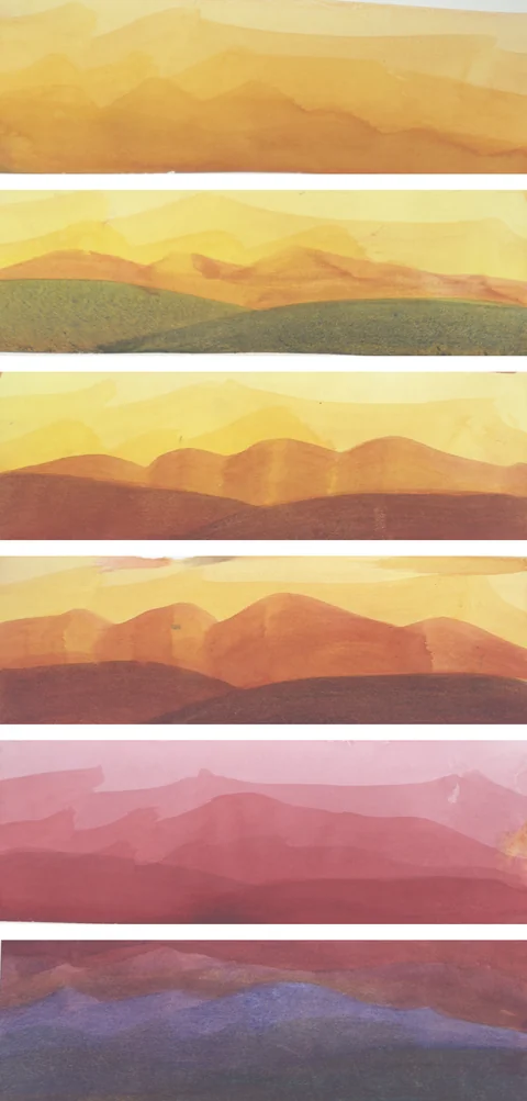 6 paintings by TJ Murphy shown together: TJ Sunset Ridge Strip 174, TJ Sunset Ridge Strip 165, TJ Sunset Ridge Strip 159, TJ Sunset Ridge Strip 164, TJ Sunset Ridge Strip 173, TJ Sunset Ridge Strip 158