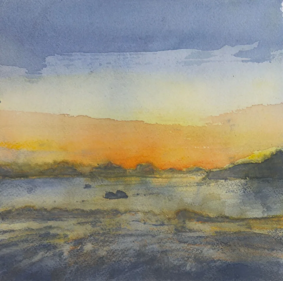 Strawberry Point Backpacking Trip #11 by TJ Murphy: a band of orange dusk glowing between grey cloud and still water on the Olympic Peninsula coast, in watercolor pastel