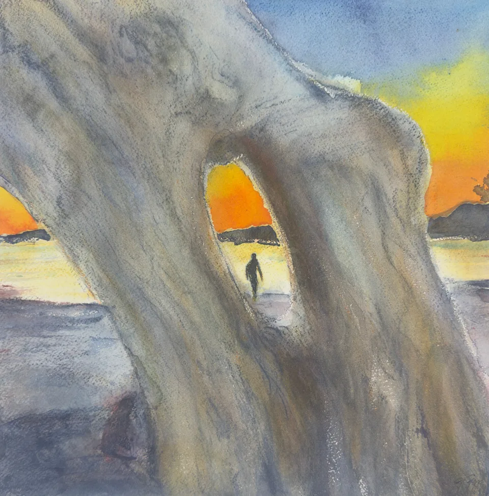 Strawberry Point Backpacking Trip #2 by TJ Murphy: a hiker seen through an arch in a huge driftwood log, with the sun setting over the sea