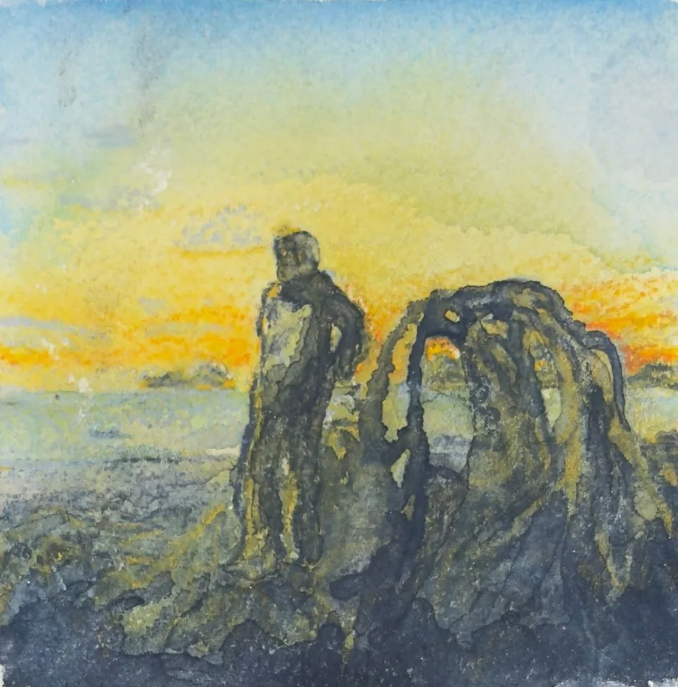 Strawberry Point Backpacking Trip #5 by TJ Murphy: a tall sea stack and a rock arch silhouetted against a yellow sunset