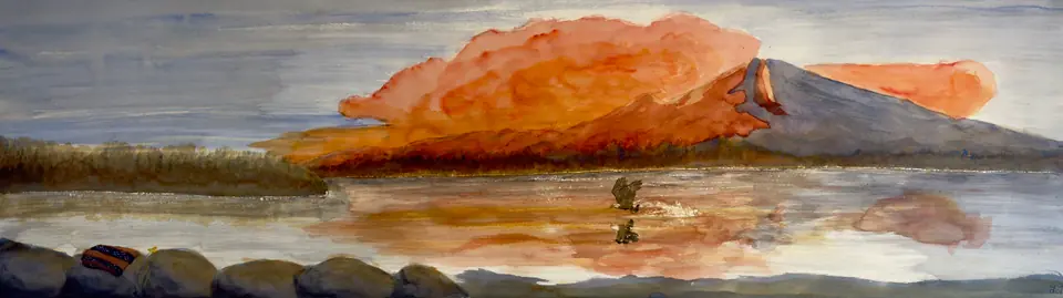 Sunrise on Rainier with Eagle — Watercolor pastel, 2024, by TJ Murphy