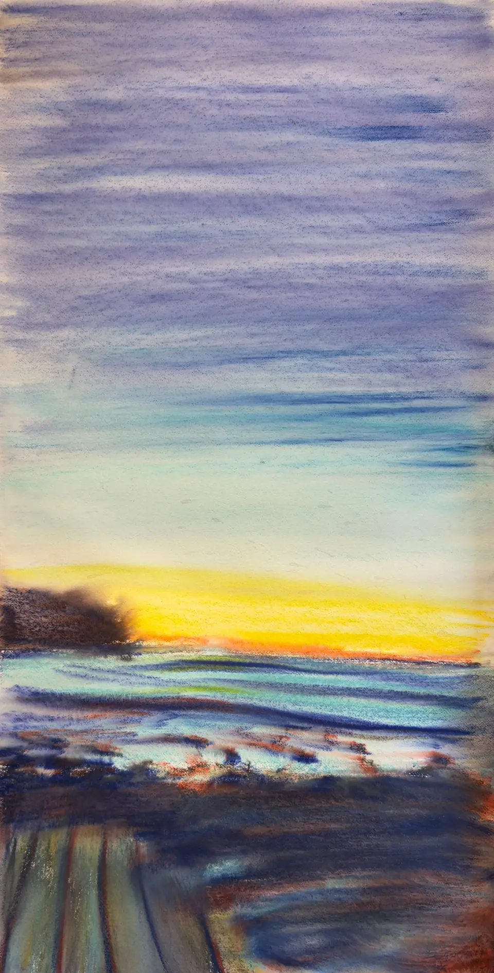 Sunrise from Punta El Zonte Hostel — Watercolor pastel, 2023, by TJ Murphy