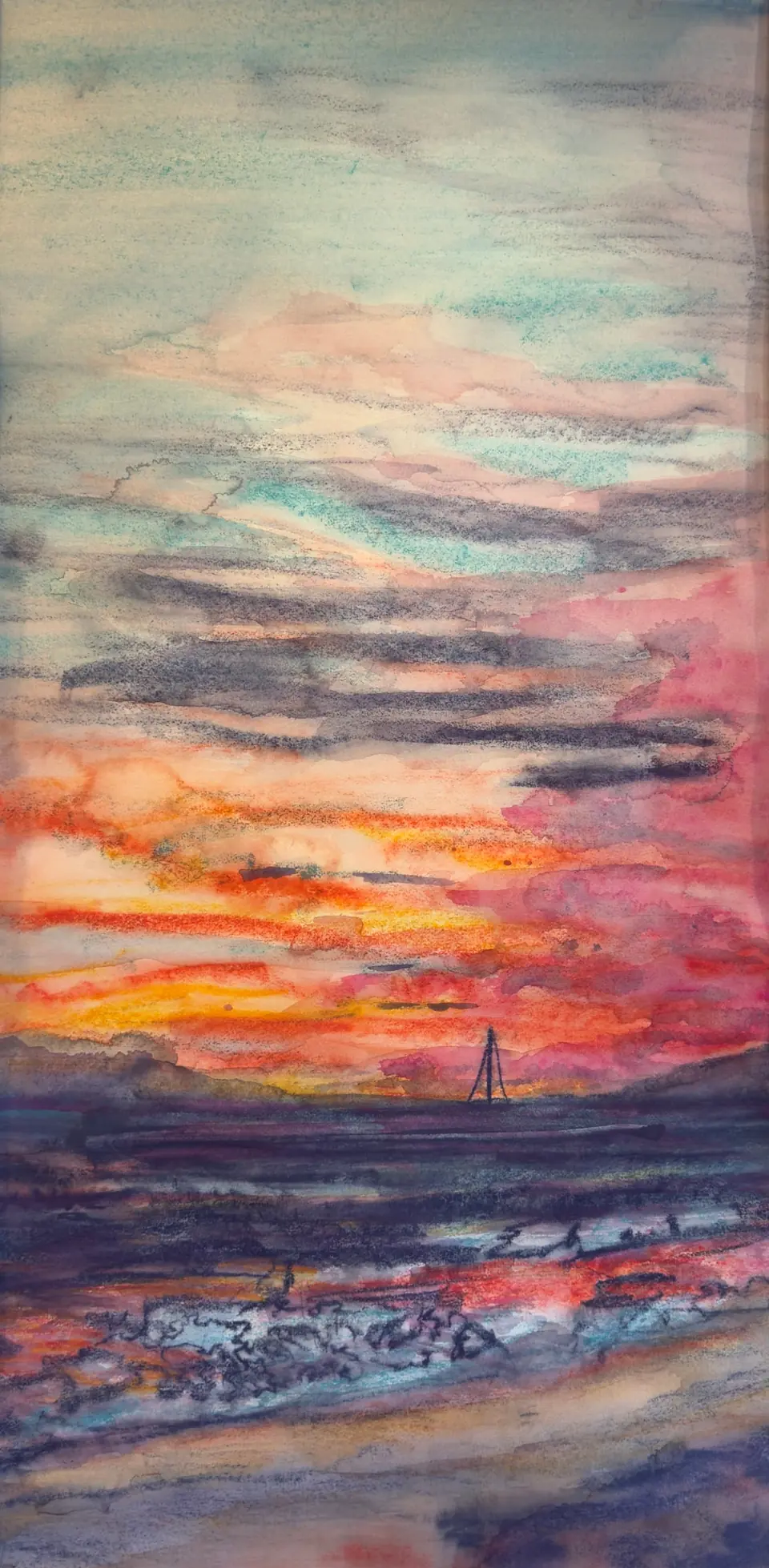 Sunset at Kihei on Maui — Watercolor pastel, 2022, by TJ Murphy
