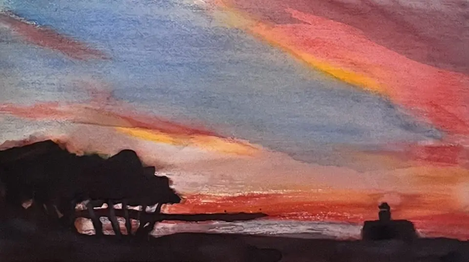 Sunset in the Strait of Juan de Fuca, Sucia Island — Watercolor pastel, 2024, by TJ Murphy