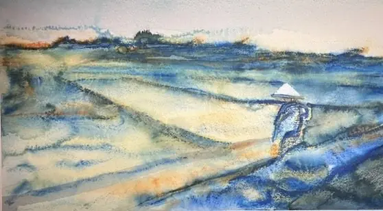 Rice paddies in Vietnam, Photo Credit: Daniel Goldsmith — Watercolor pastel, 2023, by TJ Murphy