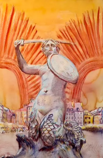 Watercolor of the Warsaw Syrenka holding a sword and a Bitcoin shield, with orange hussar wings behind her.