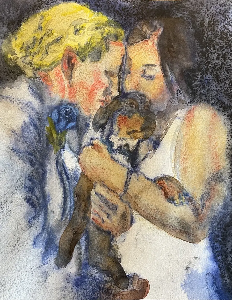 Wedding Portrait with Dog, watercolor commission by TJ Murphy: a couple in wedding clothes holding a small dog between them